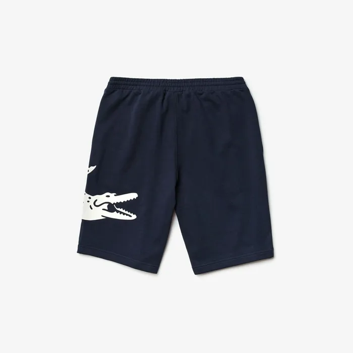 Pants and Shorts Lacoste Mens Oversized Crocodile Print Cotton Fleece Bermudas Navy Blue Outlet Factory