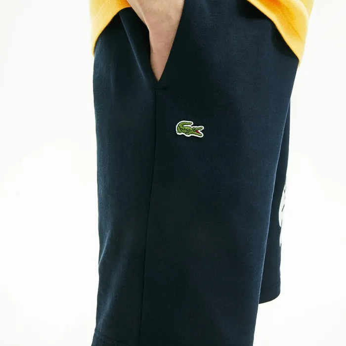 Pants and Shorts Lacoste Mens Oversized Crocodile Print Cotton Fleece Bermudas Navy Blue Outlet Factory