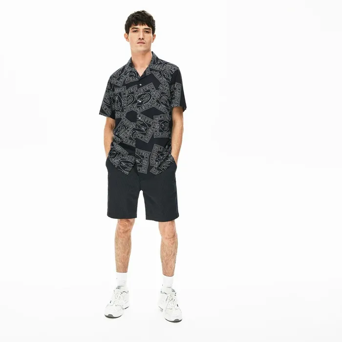 Pants and Shorts Lacoste Mens Pinstriped Linen Blend Bermuda Shorts Navy BlueWhite USA