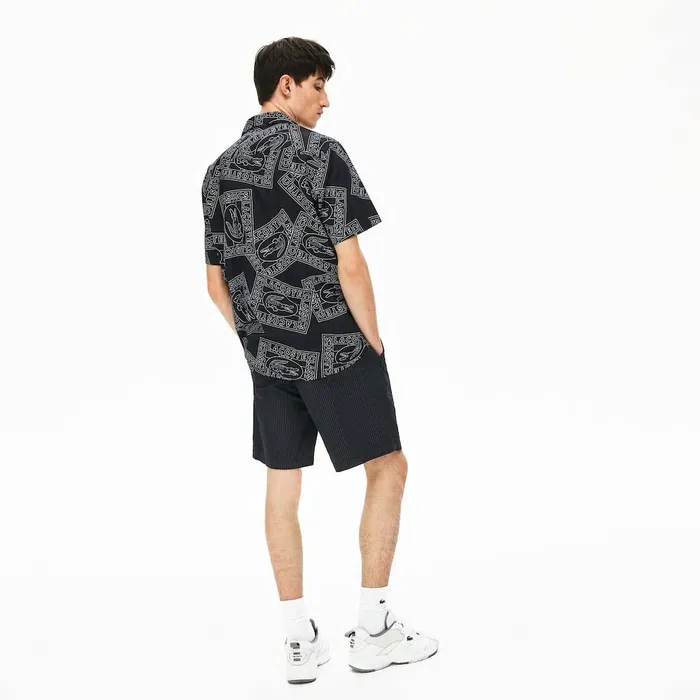 Pants and Shorts Lacoste Mens Pinstriped Linen Blend Bermuda Shorts Navy BlueWhite USA
