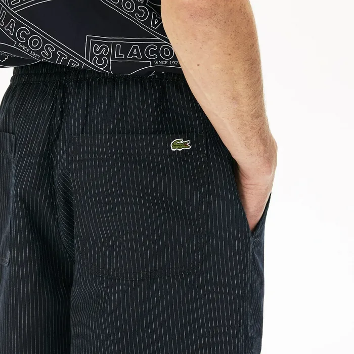 Pants and Shorts Lacoste Mens Pinstriped Linen Blend Bermuda Shorts Navy BlueWhite USA