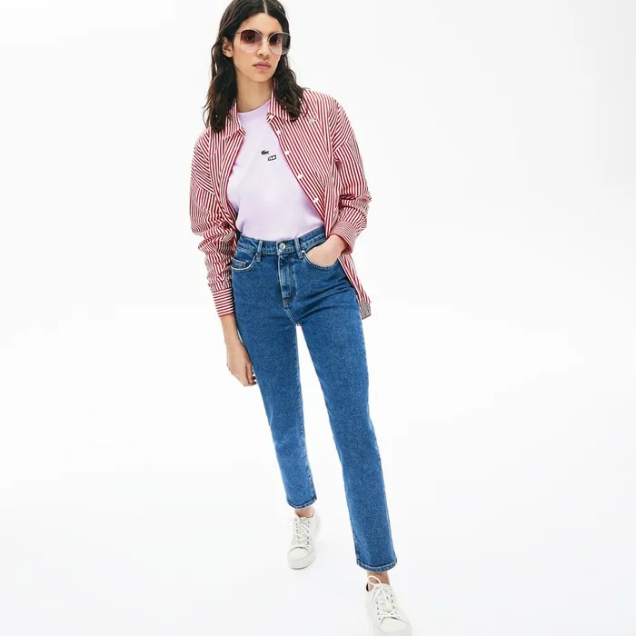 Pants and Shorts Lacoste Womens LIVE HighRise Washed Cotton Jeans Blue Shop Online Pants and Shorts Lacoste Womens LIVE HighRise Washed Cotton Jeans Blue Shop Online