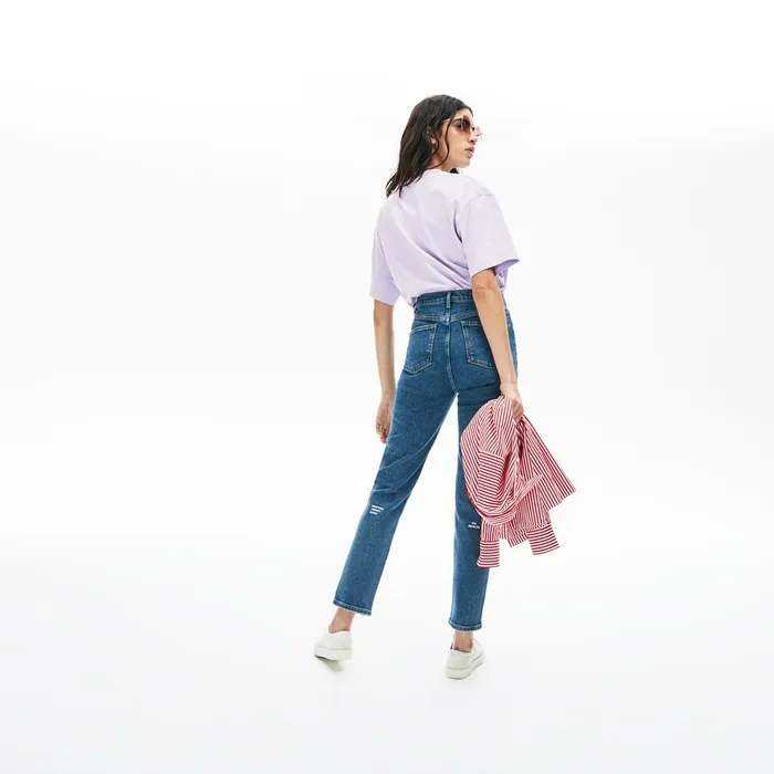 Pants and Shorts Lacoste Womens LIVE HighRise Washed Cotton Jeans Blue Shop Online