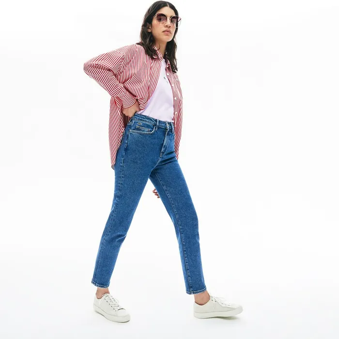 Pants and Shorts Lacoste Womens LIVE HighRise Washed Cotton Jeans Blue Shop Online