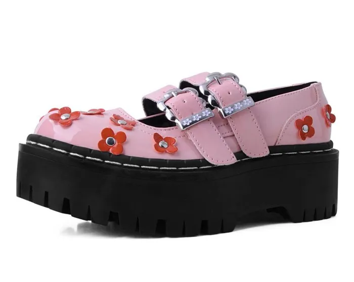 Pink and Red Patent Flower Double Decker Mary Jane Women TUK Shoes Vegan
