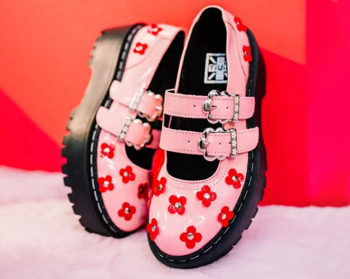 Pink and Red Patent Flower Double Decker Mary Jane Women TUK Shoes Vegan Pink and Red Patent Flower Double Decker Mary Jane Women TUK Shoes Vegan