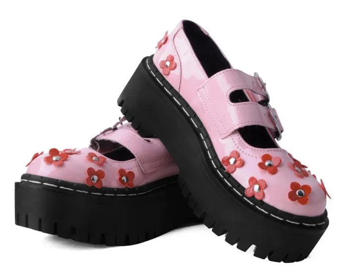 Pink and Red Patent Flower Double Decker Mary Jane Women TUK Shoes Vegan Pink and Red Patent Flower Double Decker Mary Jane Women TUK Shoes Vegan