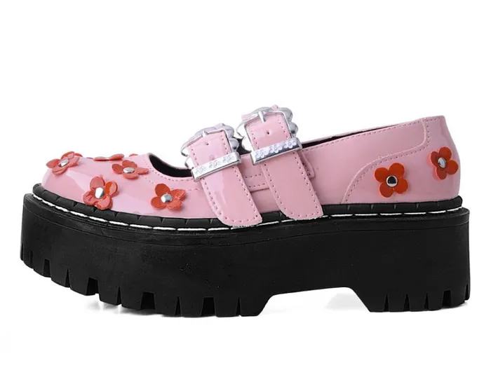 Pink and Red Patent Flower Double Decker Mary Jane Women TUK Shoes Vegan Pink and Red Patent Flower Double Decker Mary Jane Women TUK Shoes Vegan