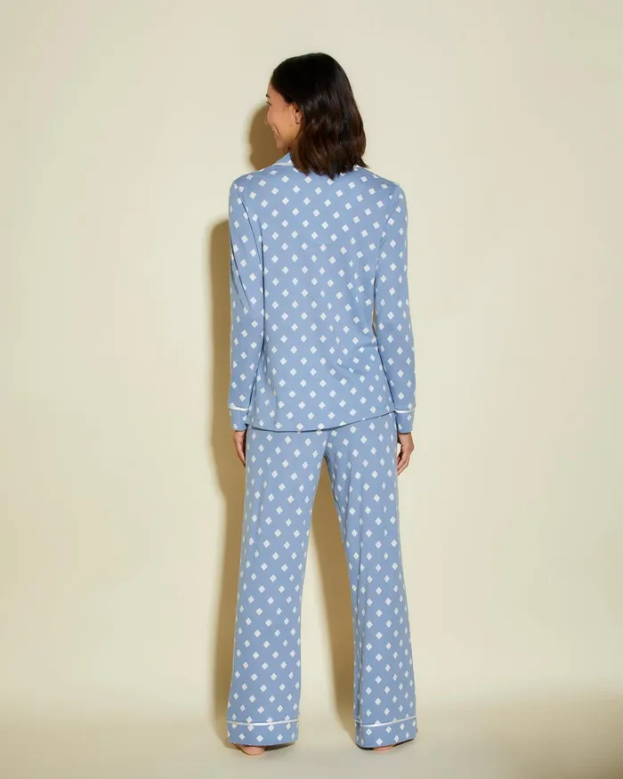 Pj Sets Women Cosabella Bella Printed Petite Long Sleeve Top And Pant Pajama Set Diamond Blue Diamondwhite