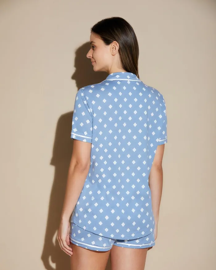 Pj Sets Women Cosabella Bella Printed Short Sleeve Top And Boxer Pajama Set Diamond Blue Diamondwhite
