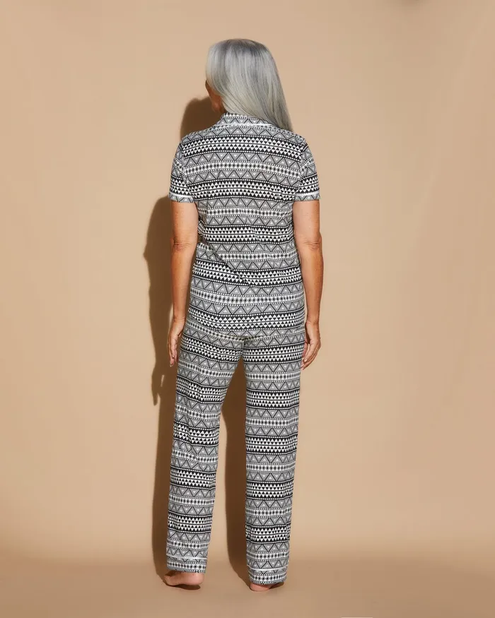 Pj Sets Women Cosabella Bella Printed Short Sleeve Top And Pant Pajama Set Geo Blackwhite
