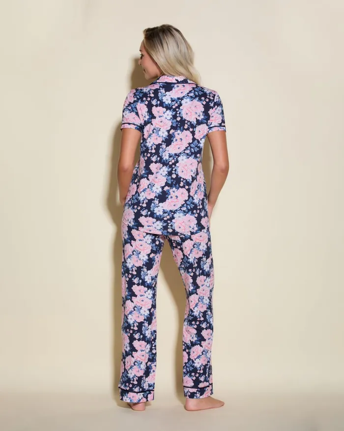 Pj Sets Women Cosabella Bella Printed Short Sleeve Top And Pant Pajama Set Navy Oversize Floralnavy
