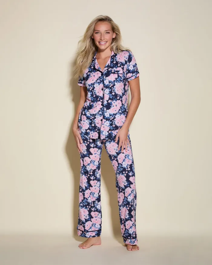 Pj Sets Women Cosabella Bella Printed Short Sleeve Top And Pant Pajama Set Navy Oversize Floralnavy