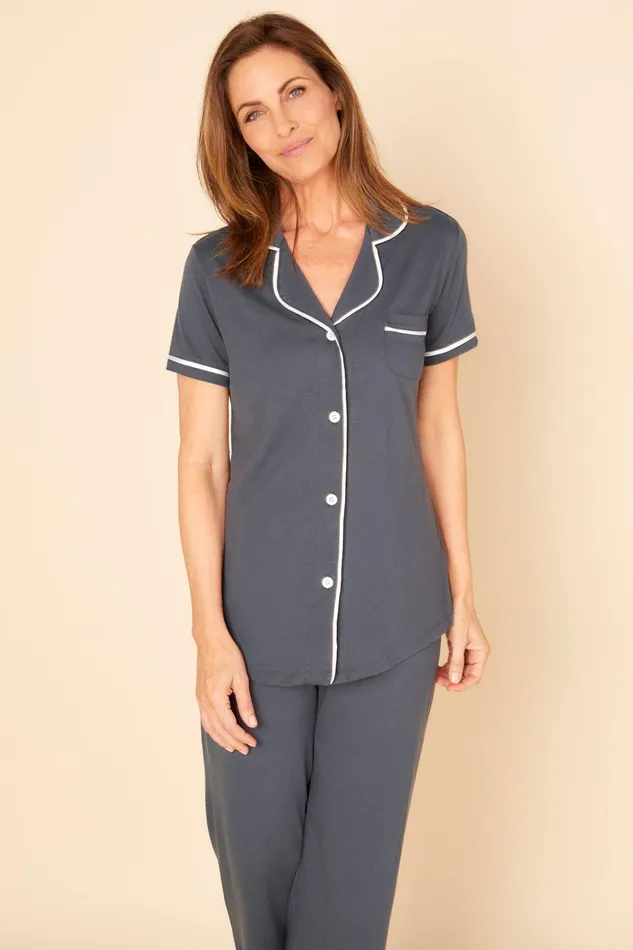 Pj Sets Women Cosabella Bella Short Sleeve Top and Pant Pajama Set Anthraciteivory