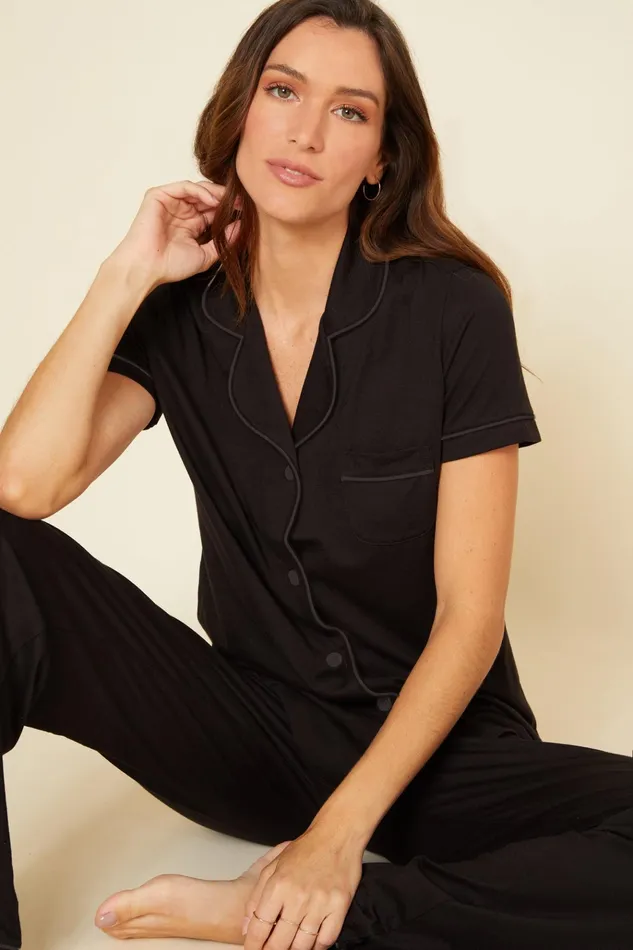 Pj Sets Women Cosabella Bella Short Sleeve Top and Pant Pajama Set Blackblack