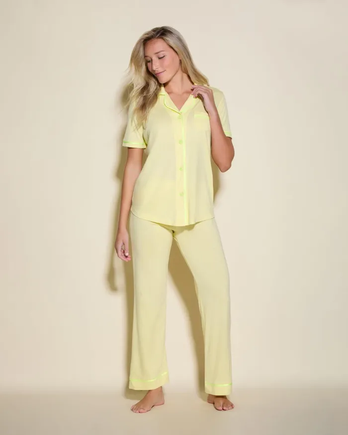 Pj Sets Women Cosabella Bella Short Sleeve Top and Pant Pajama Set Mignonetteneon Yellow