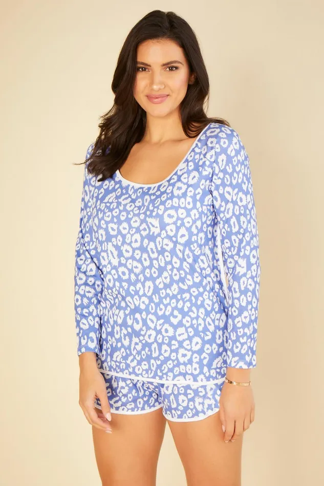 Pj Sets Women Cosabella Florida Lounge Printed Long Sleeve Top and Boxer Leopard Cielowhite