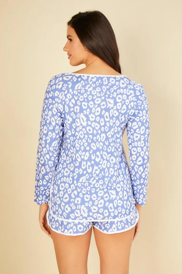 Pj Sets Women Cosabella Florida Lounge Printed Long Sleeve Top and Boxer Leopard Cielowhite
