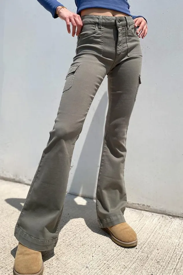 Pockets Flared Pants Women Subdued Denim