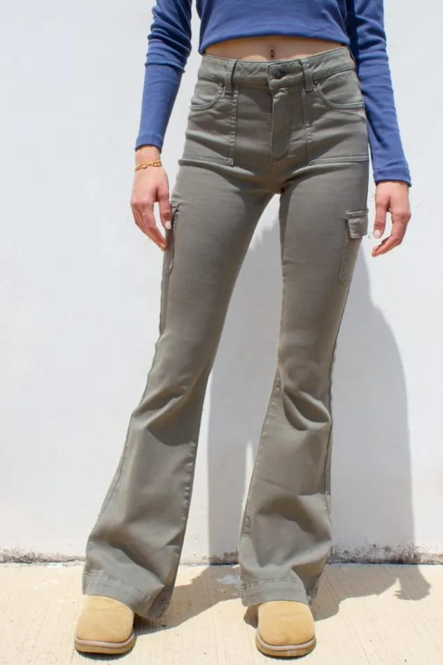 Pockets Flared Pants Women Subdued Denim