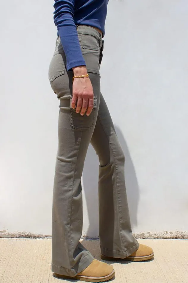 Pockets Flared Pants Women Subdued Denim