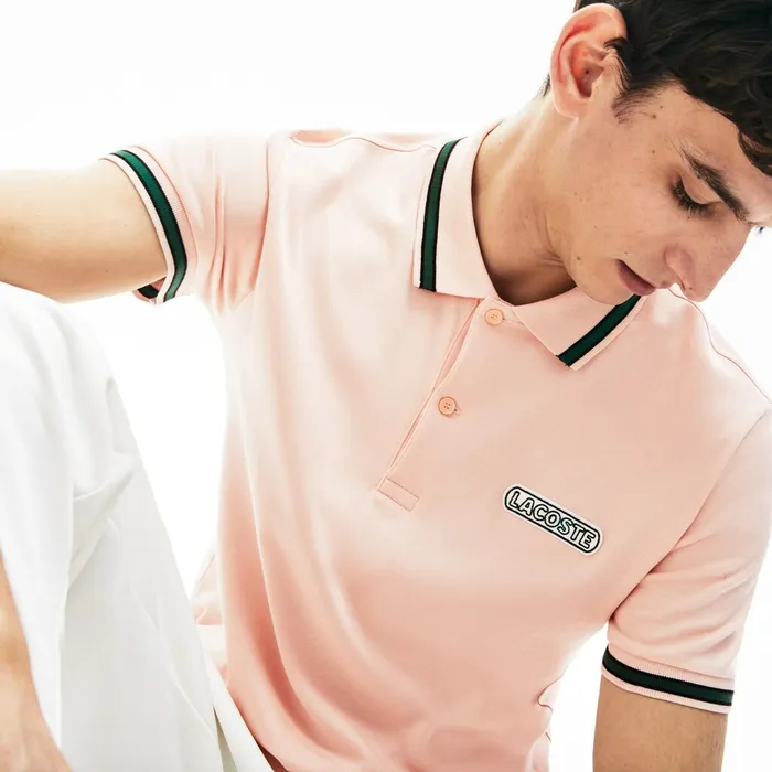 Polos Lacoste Mens Heritage Badge Polo Shirt Light PinkBlackGreen Popular