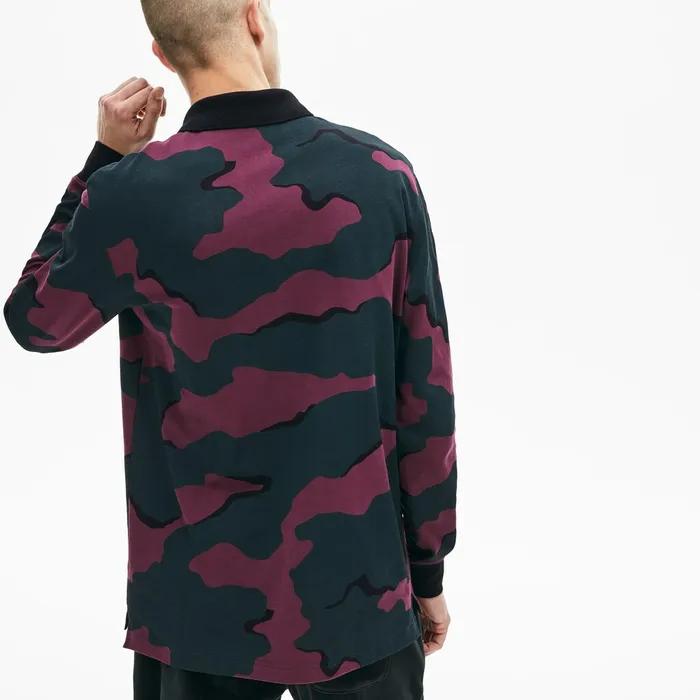 Polos Lacoste Mens LIVE Loose Fit Camo Cotton Polo Shirt GreenWhite Online Store