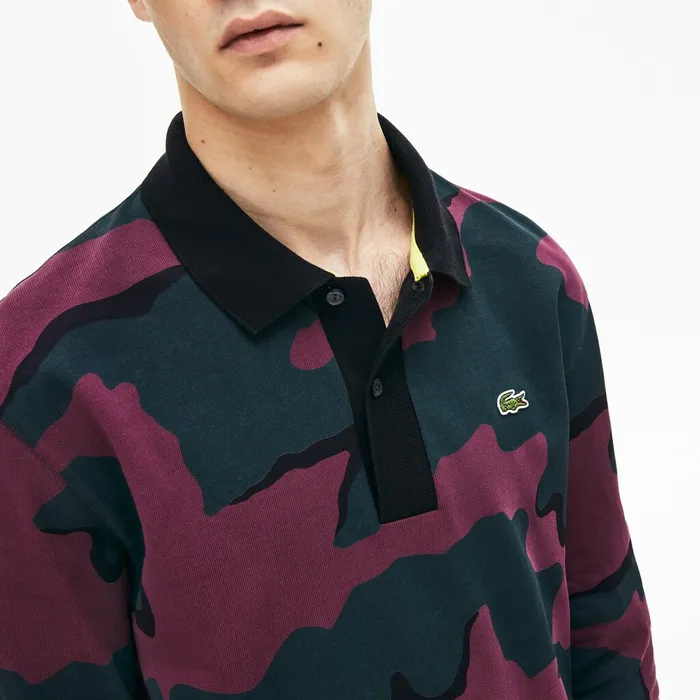 Polos Lacoste Mens LIVE Loose Fit Camo Cotton Polo Shirt GreenWhite Online Store