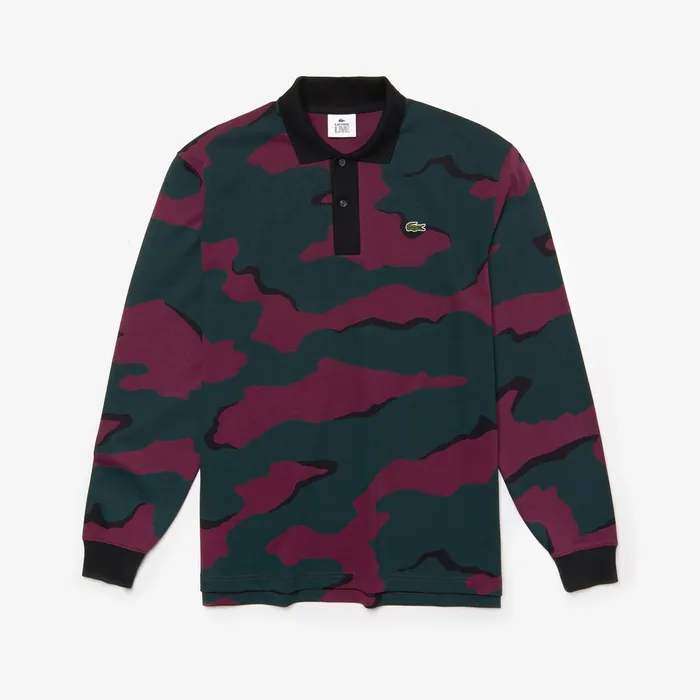 Polos Lacoste Mens LIVE Loose Fit Camo Cotton Polo Shirt GreenWhite Online Store