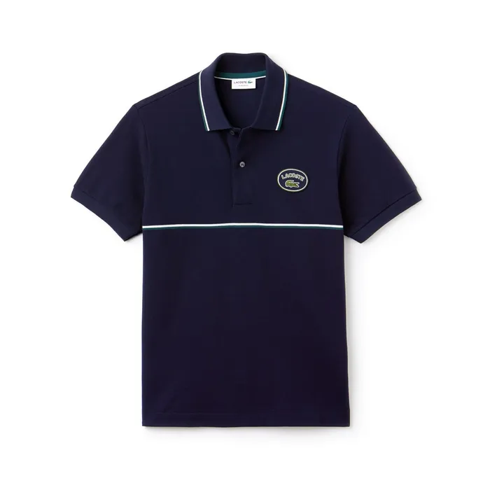 Polos Lacoste Mens Regular Fit Striped Accents Petit Piqu Polo Navy BlueGreenWhite Popular