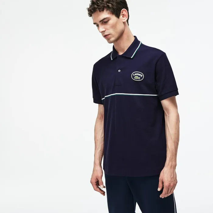 Polos Lacoste Mens Regular Fit Striped Accents Petit Piqu Polo Navy BlueGreenWhite Popular