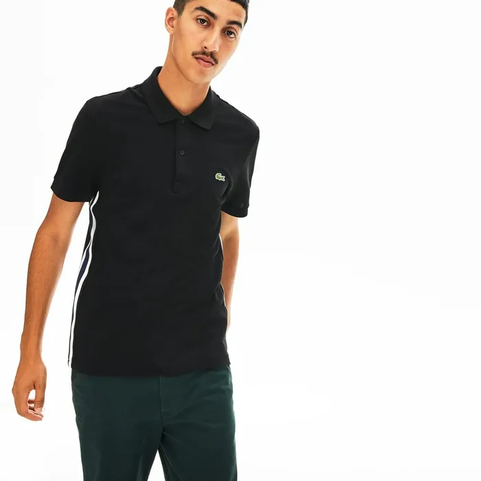Polos Lacoste Mens Short Sleeve Side Stripe Pique Polo Black For Sale Online