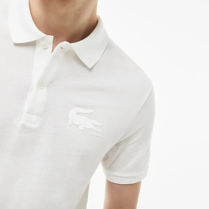Polos Lacoste Mens Slim Fit Crocodile Logo Piqu Polo WhiteBeige Gift for Friend