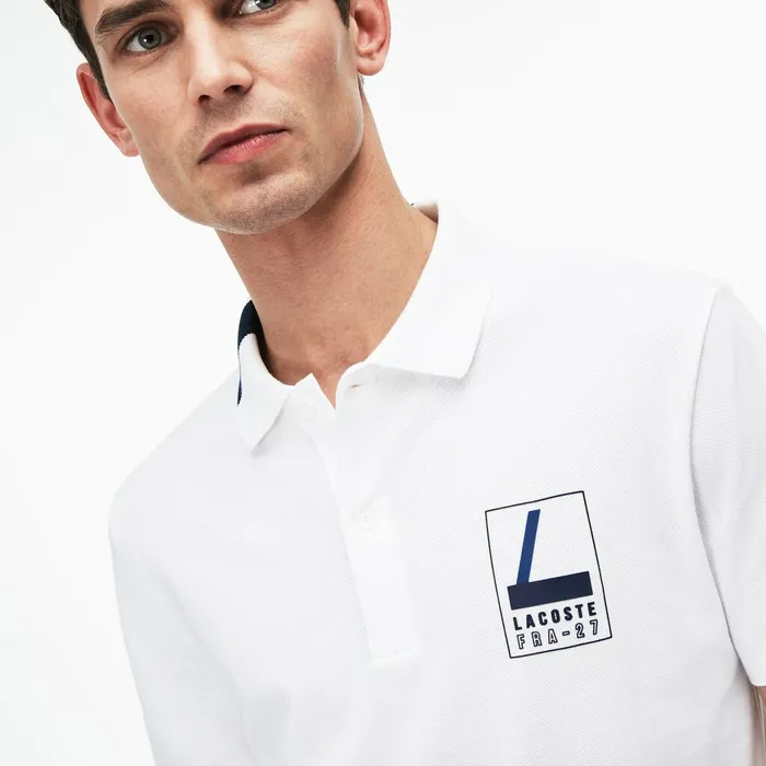 Polos Lacoste Mens Slim Fit Lettering Stretch Mini Piqu Polo WhiteNavy Blue Shop Online