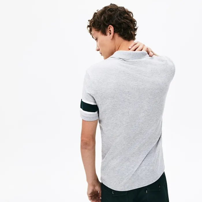 Polos Lacoste Mens Slim Fit StripedSleeve Stretch Cotton Piqu Polo Shirt Grey ChineWhiteGreen Casaul