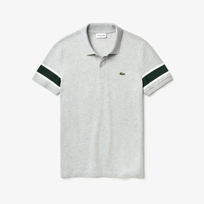 Polos Lacoste Mens Slim Fit StripedSleeve Stretch Cotton Piqu Polo Shirt Grey ChineWhiteGreen Casaul