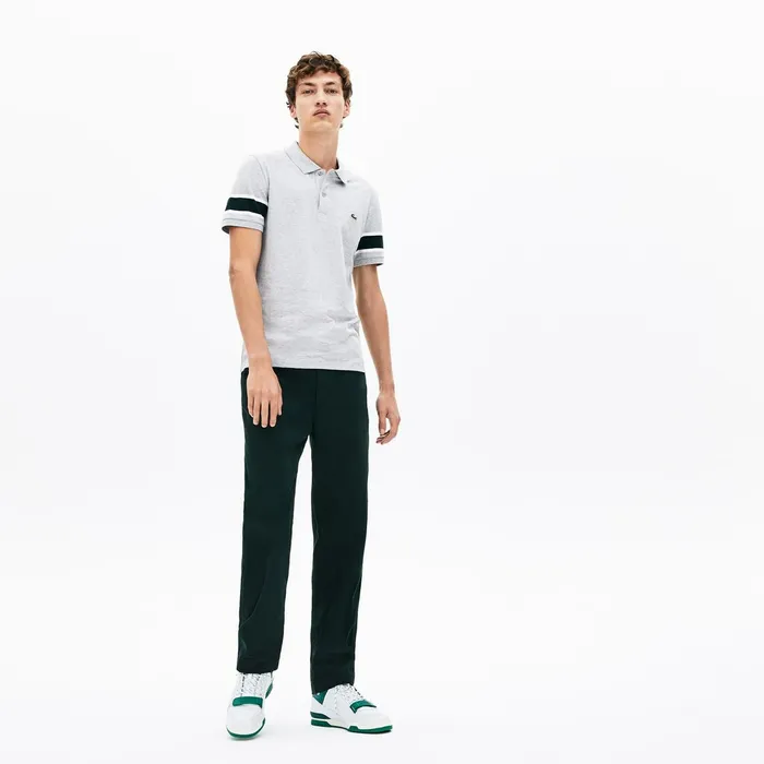 Polos Lacoste Mens Slim Fit StripedSleeve Stretch Cotton Piqu Polo Shirt Grey ChineWhiteGreen Casaul