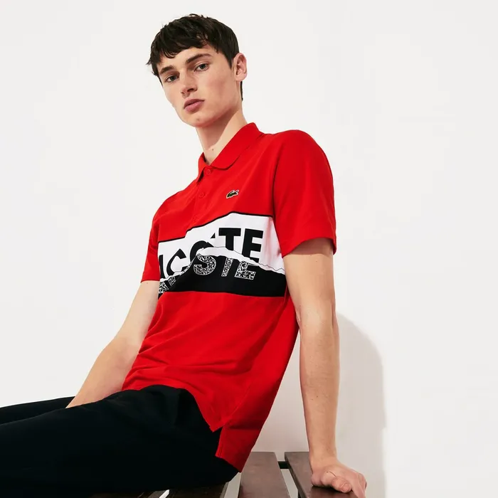 Polos Lacoste Mens SPORT LogoGraphic Lightweight Polo RedBlackWhite Gift Ideas
