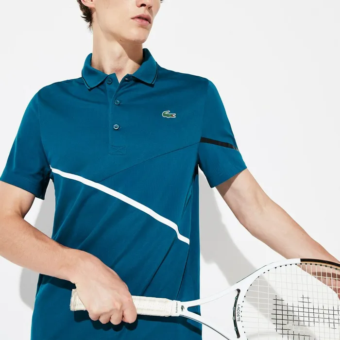 Polos Lacoste Mens SPORT MeshPaneled Piqu Tennis Polo BlueWhiteBlack Popular