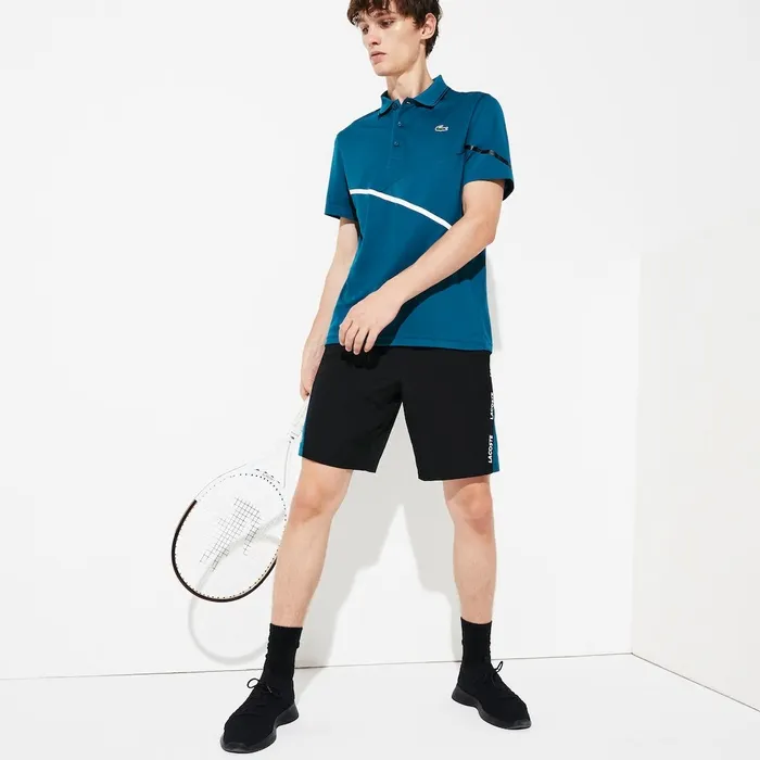Polos Lacoste Mens SPORT MeshPaneled Piqu Tennis Polo BlueWhiteBlack Popular