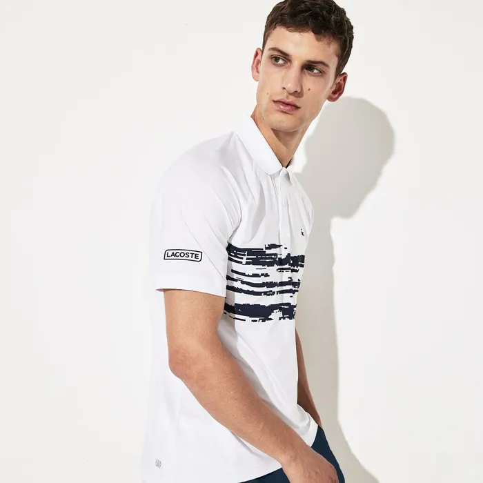 Polos Lacoste Mens SPORT Novak Djokovic Stretch Print Jersey Polo WhiteNavy Blue Gift Ideas