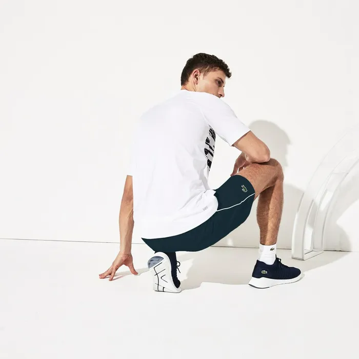 Polos Lacoste Mens SPORT Novak Djokovic Stretch Print Jersey Polo WhiteNavy Blue Gift Ideas