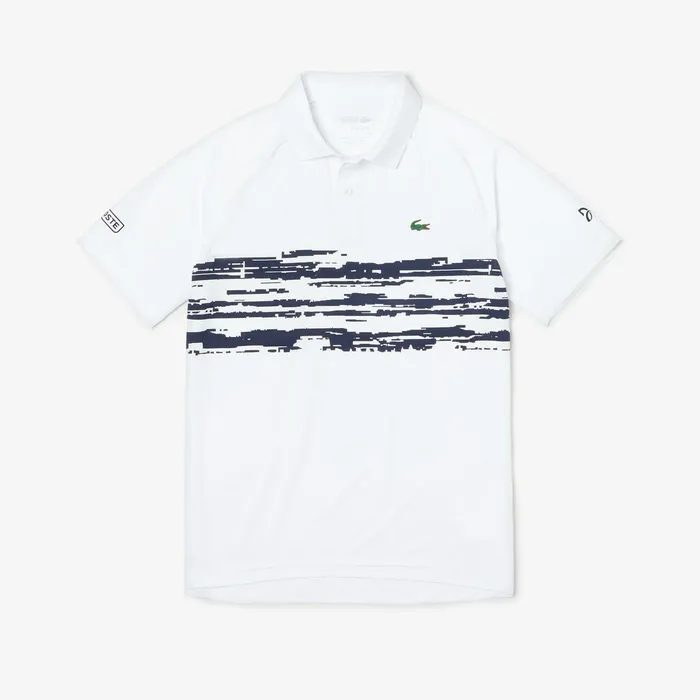 Polos Lacoste Mens SPORT Novak Djokovic Stretch Print Jersey Polo WhiteNavy Blue Gift Ideas