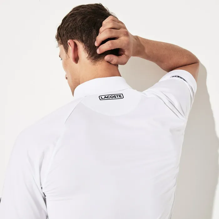 Polos Lacoste Mens SPORT Novak Djokovic Stretch Print Jersey Polo WhiteNavy Blue Gift Ideas