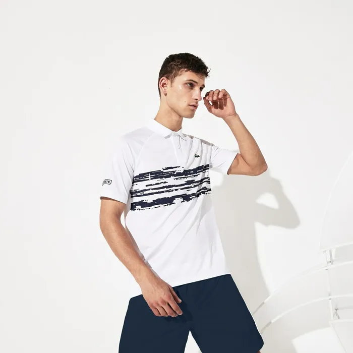 Polos Lacoste Mens SPORT Novak Djokovic Stretch Print Jersey Polo WhiteNavy Blue Gift Ideas