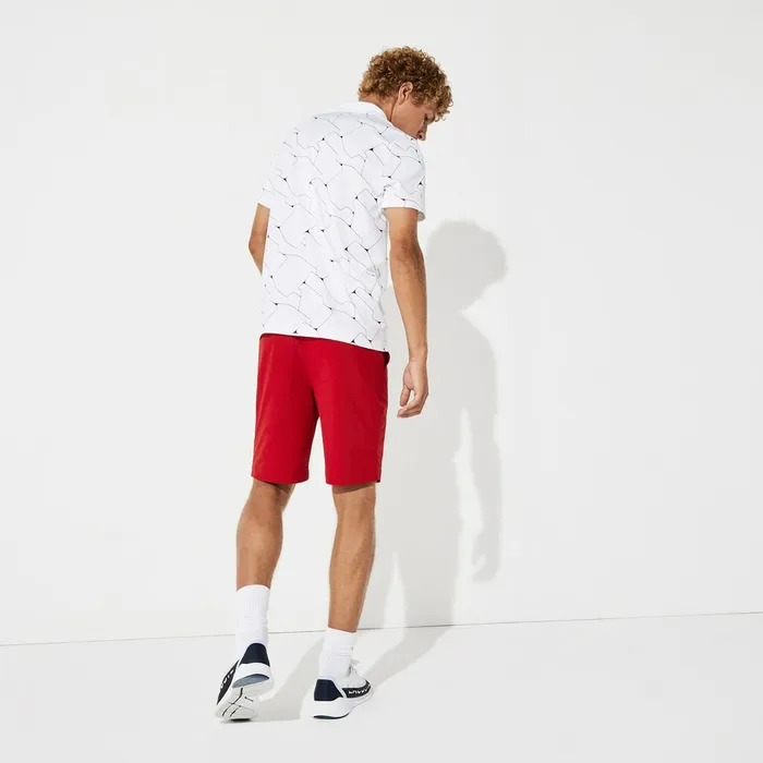 Polos Lacoste Mens SPORT Print Breathable Stretch Jersey Golf Polo WhiteNavy Blue Outlet Factory
