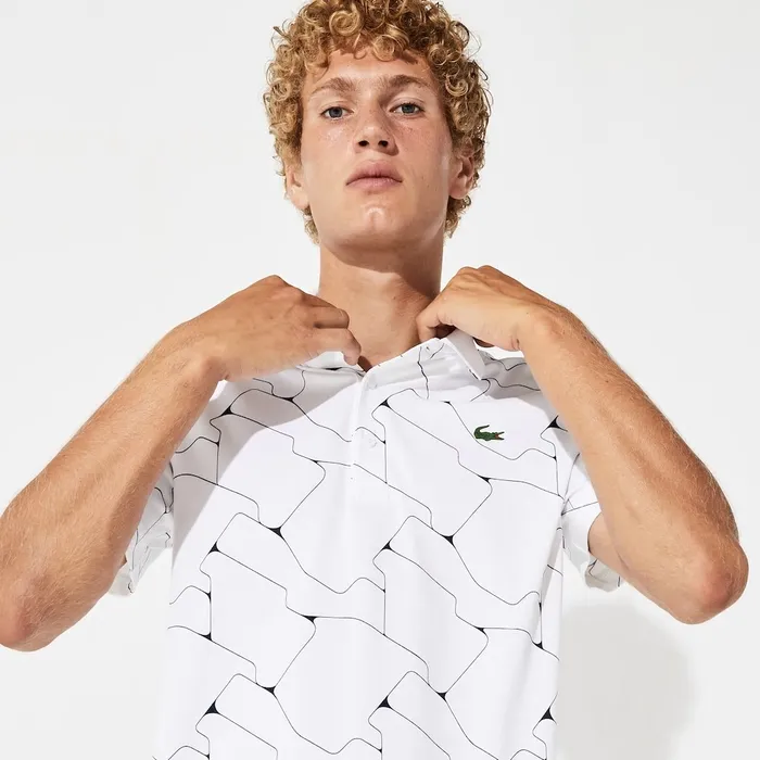 Polos Lacoste Mens SPORT Print Breathable Stretch Jersey Golf Polo WhiteNavy Blue Outlet Factory