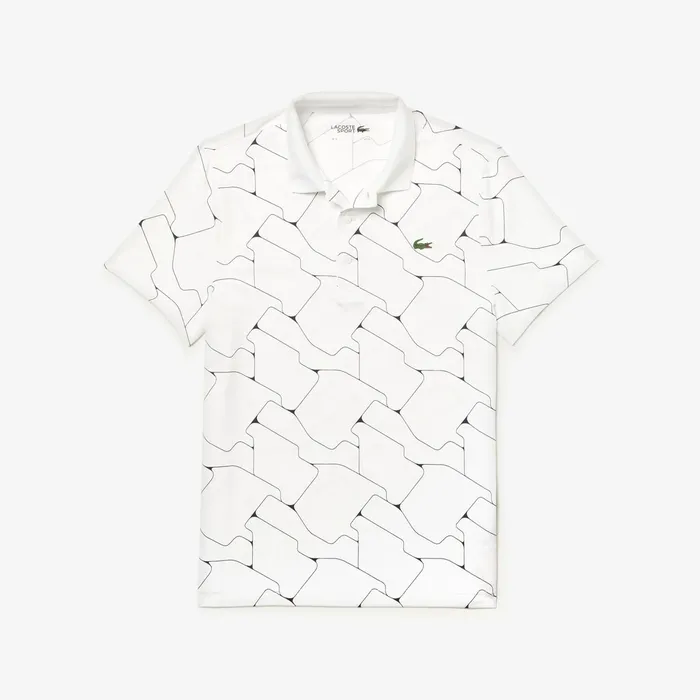 Polos Lacoste Mens SPORT Print Breathable Stretch Jersey Golf Polo WhiteNavy Blue Outlet Factory