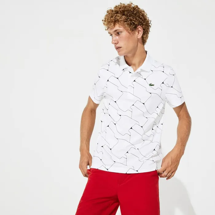 Polos Lacoste Mens SPORT Print Breathable Stretch Jersey Golf Polo WhiteNavy Blue Outlet Factory