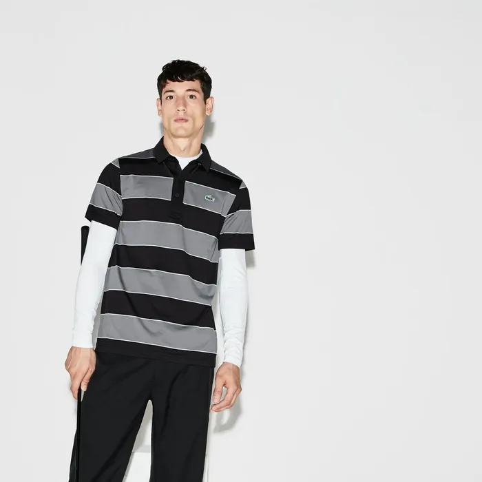 Polos Lacoste Mens SPORT Striped Stretch Jersey Golf Polo BlackGreyWhite Shop Online Polos Lacoste Mens SPORT Striped Stretch Jersey Golf Polo BlackGreyWhite Shop Online